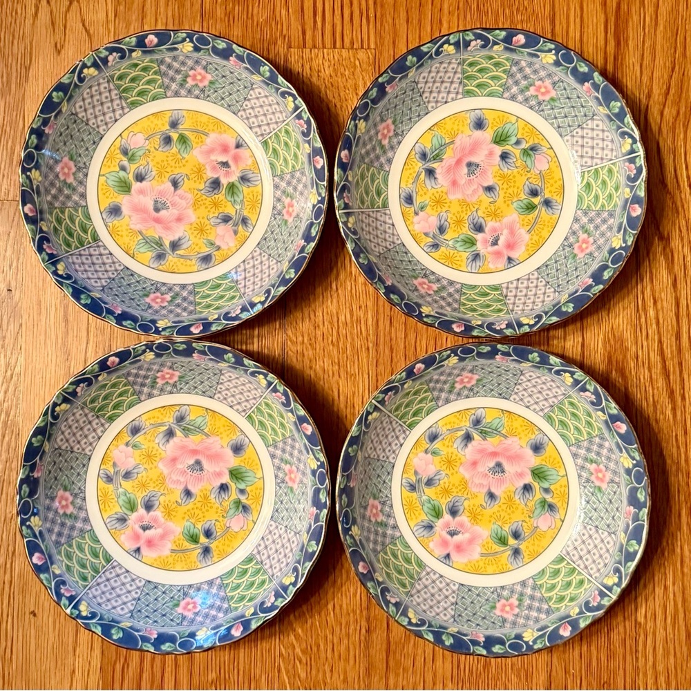 4 Gump's Botan Imari Soup Cereal Bowls Blue Yellow Pink Multi-color Floral